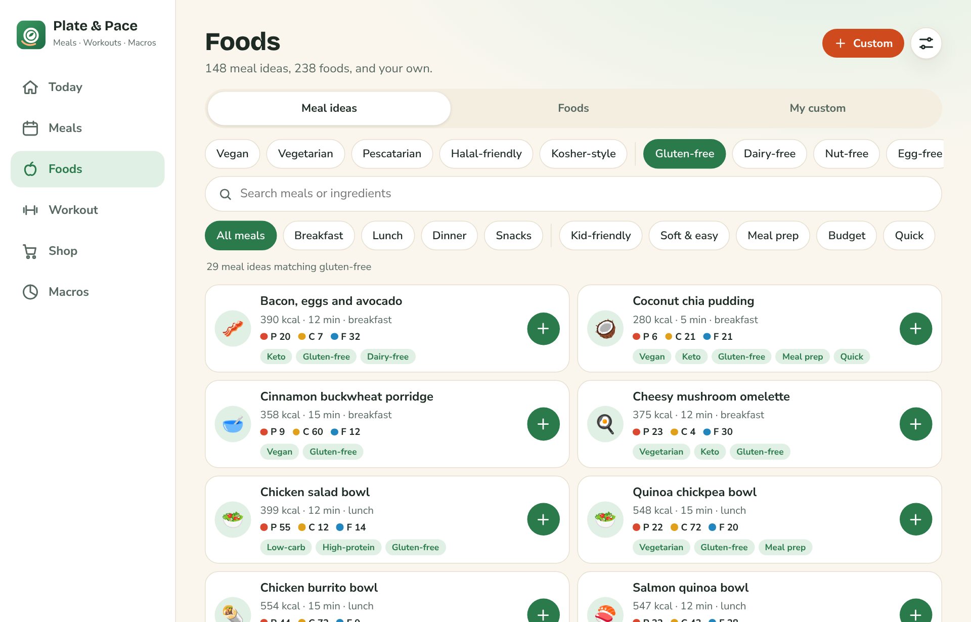 Foods tab on a computer with the gluten-free filter on