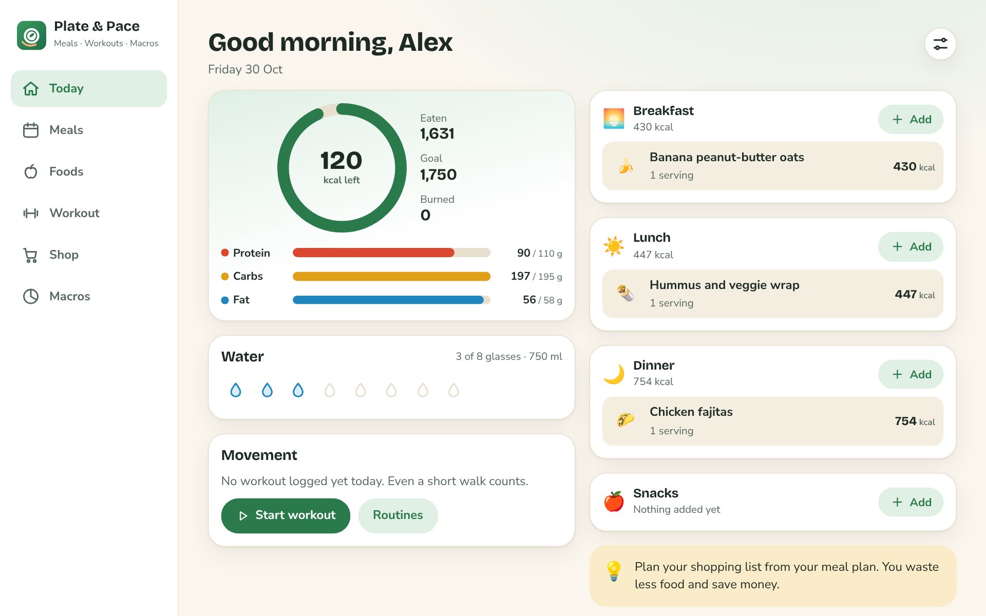 Plate and Pace on a computer: today's calories, macro bars and the day's meals