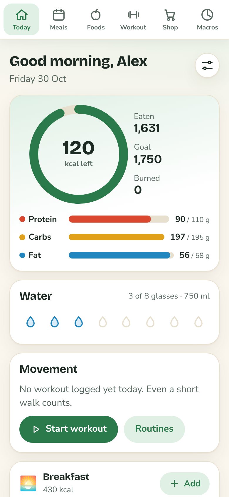 Plate and Pace on a phone, showing calories left and macros for the day