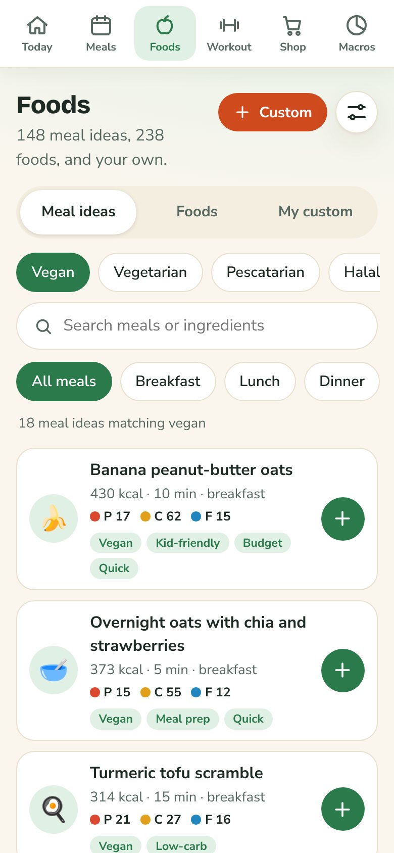 Meal ideas filtered to vegan on a phone
