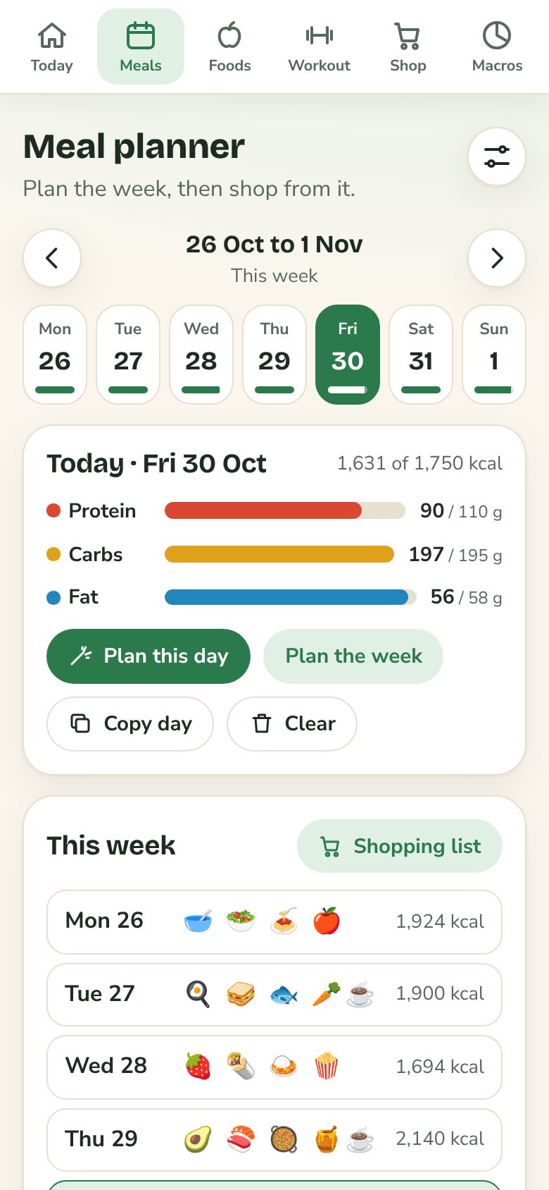 Weekly meal planner on a phone